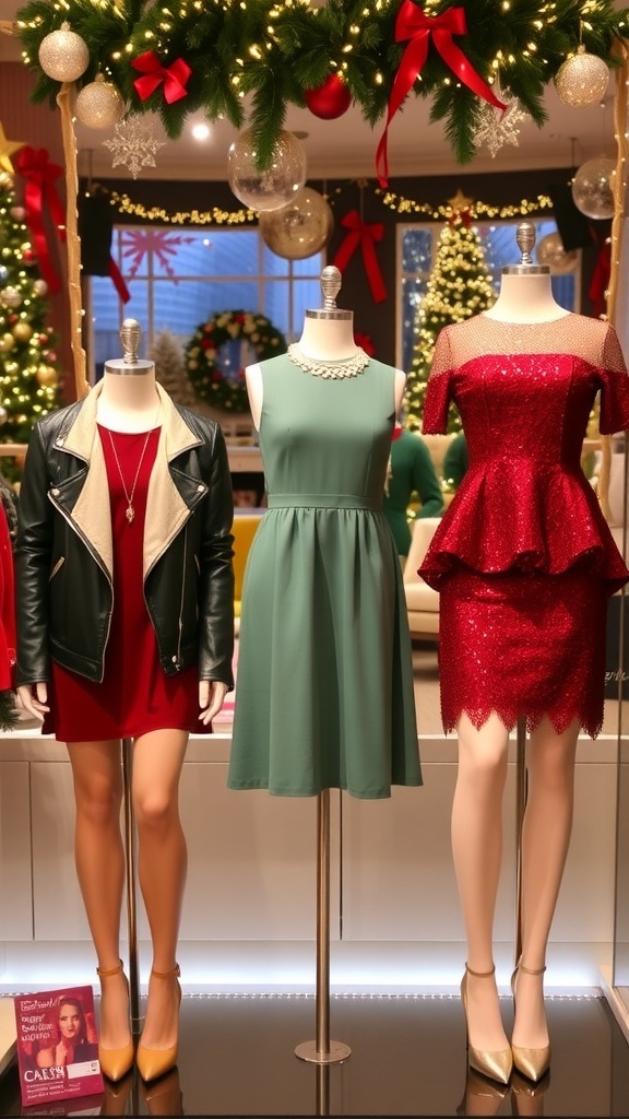 A collection of Christmas dress outfits including a red velvet dress, green midi dress, and sequined cocktail dress in a festive setting.